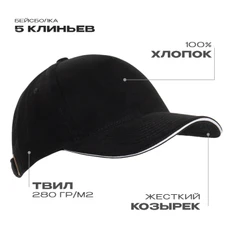 Бейсболка с кантом Stan 11K, 5 клиньев, 280 гр/м2, черная фото