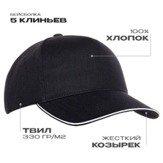 Бейсболка с кантом Stan, 5 клиньев, 330 гр/м2, черная фото