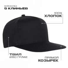 Бейсболка с прямым козырьком Stan, 5 клиньев, черная фото