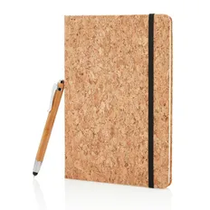 Блокнот на резинке XD Collection Cork A5 с шариковой ручкой-стилусом, 80 стр, коричневый / черный фото