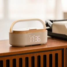 Bluetooth стерео-колонка Smart Band, с беспроводным ЗУ, лампой и часами, бежевая фото