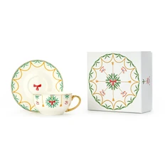 Чайная пара Farforite «Новогодний узор / На Новый год» 300 мл в подарочной коробке, белая / зеленая / желтая фото