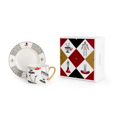 Чайная пара Farforite «Алиса / В стране чудес» 250 мл в подарочной коробке, белая / черная / красная фото