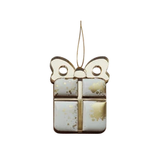 Игрушка елочная деревянная TCTG «Подарочек», белая / золотая фото