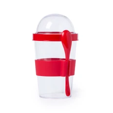 Контейнер для еды пластиковый с ложкой Yoplat, прозрачный / красный фото