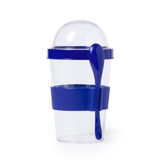 Контейнер для еды пластиковый с ложкой Yoplat, прозрачный / синий фото