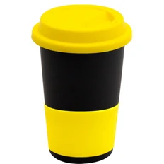 Кружка керамическая с силиконовой манжетой и крышкой Magic To Go, черная / желтая фото