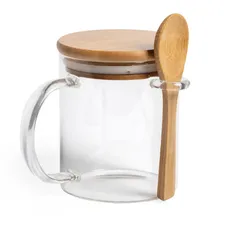 Кружка с крышкой и ложкой из бамбука Kipal, прозрачная / светлое дерево фото