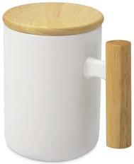 Кружка с ручкой и крышкой из каучукового дерева Jeny, белая / бежевая фото