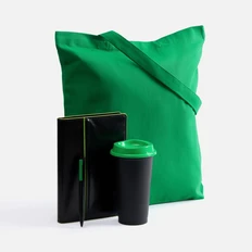 Набор Alanis: ежедневник недатированный, холщовая сумка, ручка шариковая, стакан с крышкой, зеленый / черный фото