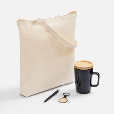 Набор Bambeco: кружка с ложкой, холщовая сумка, брелок, ручка шариковая, бежевый фото