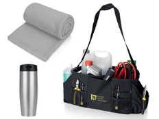 Набор для автомобиля с пледом, термокружкой в сумке для инструментов, черный / серый фото