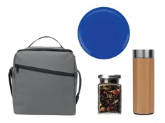 Набор для отдыха на природе с термосом, фрисби и чаем в сумке-холодильнике, серый / синий фото