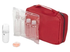 Набор для путешествий Fly away: увлажнитель для лица, набор емкостей дорожный, беруши, несессер, красный фото