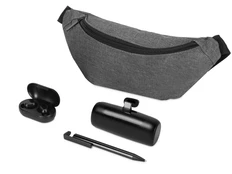 Набор для путешествий Freeway: внешний аккумулятор, поясная сумка, беспроводные наушники, ручка шариковая, серый / черный фото