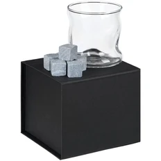 Набор для виски Amorf: стакан, 6 камней для виски, мешочек, прозрачный / черный / серый фото