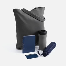 Набор Dual Umbrella: зонт, термостакан, ежедневник недатированный, холщовая сумка, чехол для карточек, синий / серый фото