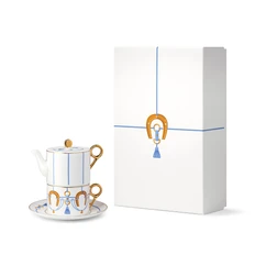 Набор Farforite «На счастье»: чайник-эгоист 300 мл и чайная пара 250 мл в подарочной коробке, белый / золотой / голубой фото