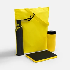 Набор Flexpen Black Walk: зонт складной, ежедневник недатированный, термостакан, холщовая сумка, карабин, черный / желтый фото