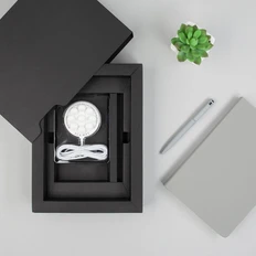 Набор Light Gray J: беспроводная зарядка, ежедневник, ручка шариковая, soft touch, белый / серый фото