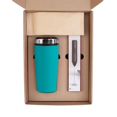 Набор «Макиато»: термостакан soft touch, капучинатор, кофе зерновой, бирюзовый фото