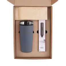 Набор «Макиато»: термостакан soft touch, капучинатор, кофе зерновой, серый фото
