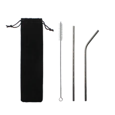 Набор многоразовых трубочек Оnlycofer black: 2 трубочки, ершик, серебряный фото