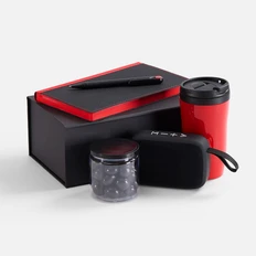 Набор Nice Twice Underway: беспроводная колонка, ежедневник недатированный, термостакан, вишня в шоколадной глазури, ручка шариковая, черный / красный фото