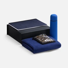 Набор Notera Maxi: ежедневник недатированный, термос, флисовый плед, холщовый мешок, черный чай, синий фото