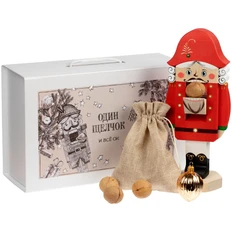 Набор «Один щелчок и все ОК»: орехокол «Щелкунчик», елочная игрушка, орехи, красный / золотой фото