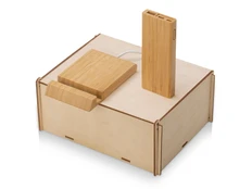 Набор подарочный «Bamboo Set»: беспроводное зарядное устройство, внешний аккумулятор, бежевый фото