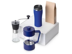 Набор подарочный Бодрое утро 2.0: френч-пресс, термокружка, кофемолка, кофе, синий фото