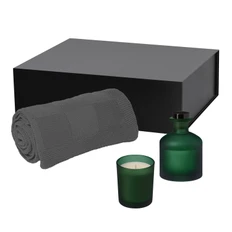 Набор подарочный Enigma, Cella: плед вязаный, свеча ароматическая, диффузор, зеленый / серый фото