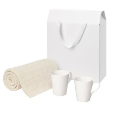 Набор подарочный Portobello: вязаный плед Fado, две фарфоровые кружки Vesta, бежевый / белый фото