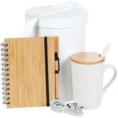 Набор подарочный Proffice: блокнот на кольцах, ручка, кружка с ложкой, кабель для зарядки, белый / крафт фото