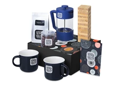 Набор подарочный Re:y. Together: френчпресс, кружки из костяного фарфора, дженга, чай, миндаль в шоколаде, синий фото