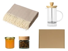 Набор подарочный с пледом, френчпрессом, чаем и вареньем, бежевый фото