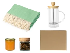 Набор подарочный с пледом, френчпрессом, чаем и вареньем, зеленый фото