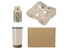 Набор подарочный с пледом, термокружкой и чаем, бежевый фото