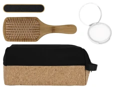 Набор подарочный с расческой, пилкой для ногтей, бальзамом для губ в косметичке, бежевый / черный фото