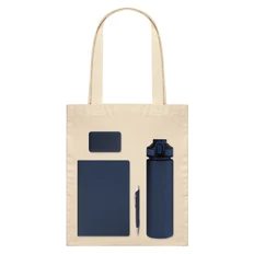 Набор подарочный Welcome Pack: бутылка для воды, ежедневник недатированный, ручка шариковая, зарядное устройство, шопер, синий / бежевый фото