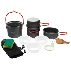 Набор посуды для кемпинга Kampi: 4 котелка, лопатка, мочалка, черпак, 3 тарелки, чехол, черный фото