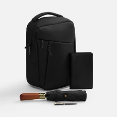 Набор Remini Travel: недатированный еженедельник-портфолио, зонт складной, рюкзак, ручка шариковая, черный фото