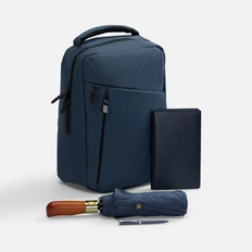 Набор Remini Travel: недатированный еженедельник-портфолио, зонт складной, рюкзак, ручка шариковая, темно-синий фото