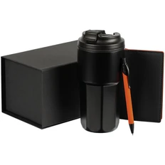 Набор Rumbo: термостакан, обложка для паспорта, ручка шариковая, черный / оранжевый фото