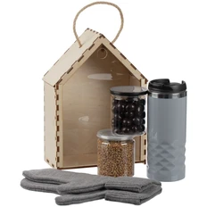 Набор Sweet Embrace: термостакан, варежки, чай, вишня в шоколадной глазури, коробка-пенал, серый фото