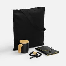 Набор Trait Office: ежедневник недатированный, кружка с ложкой, холщовая сумка, чехол для пропуска, ручка шариковая, шнурок для бейджа,  черный / желтый фото