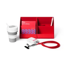 Набор Welcome Pack Box-Changer в кубе-органайзере: внешний аккумулятор, стакан, ланьярд, ручка-антистресс, планер, ярко-оранжевый / сиреневый фото