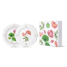 Набор из 2 фигурных блюд Farforite «Лотос и рододендрон» Botanicum в подарочной коробке, розовый / зеленый / золотой фото