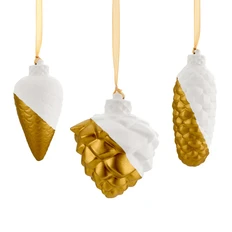 Набор из 3 елочных игрушек Farforite «Золото лесное» в подарочной коробке, белый / золотой фото